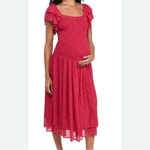 Hatch Maternity Smocked Cosette Dress - Pink/Red Print, Size 1 (Small)